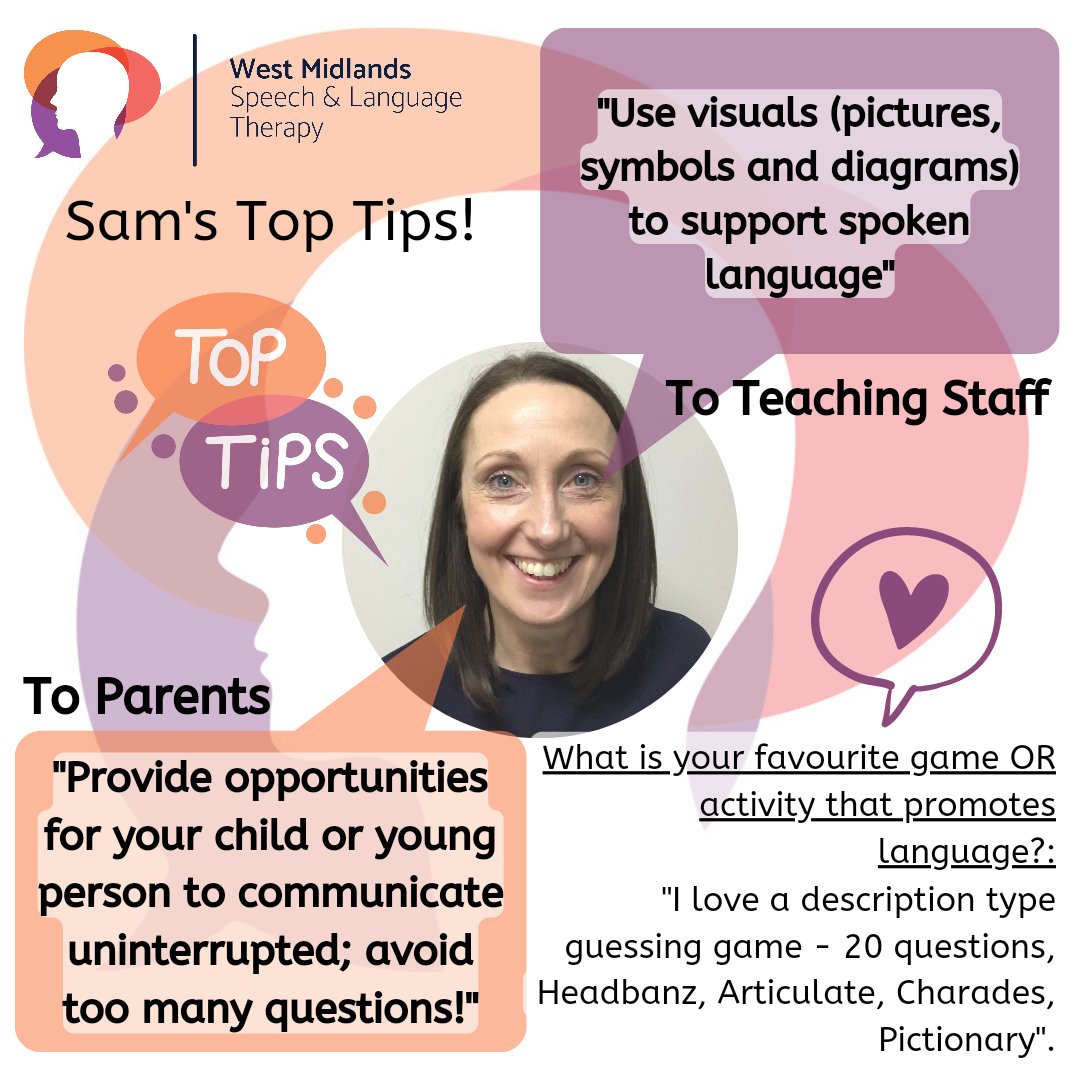 WMISLT2's tweet photo. Here are Sam's #TopTips!

"Provide lots of opportunities for communication" ✅️
"Avoid too many questions!" ❌️
"Use visuals to support spoken language" ✅️

#SLCN #SLT #ServiceLead #SpeechTherapy #TopTipsTuesday #Visuals #Visualrepresentation #descriptivegames https://t.co/nOMJe1FxwR