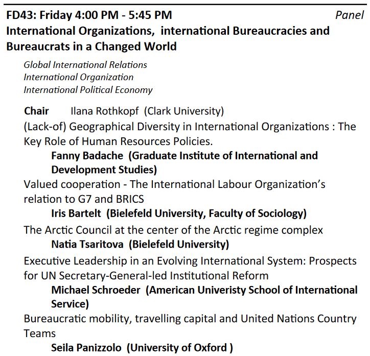 6/8
Friday, 17 March, 4:00 - 5:45 pm
Interested in #Diversity and #InternationalOrganizations? Learn more about @FannyBadache|s work on geographical diversity and the role of #HRPolicies in this panel.