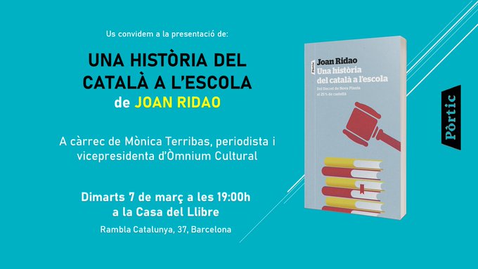 [🗨️📕 #IrlaRecomana] @Joanridao presenta avui el seu nou assaig ‘Una història del català a l’escola’ 

🕖 A les 19h
📍 A la @Casadellibro_ de #RamblaCatalunya BCN
 🗣️ Presentació a càrrec de Mònica Terribas (@omnium)