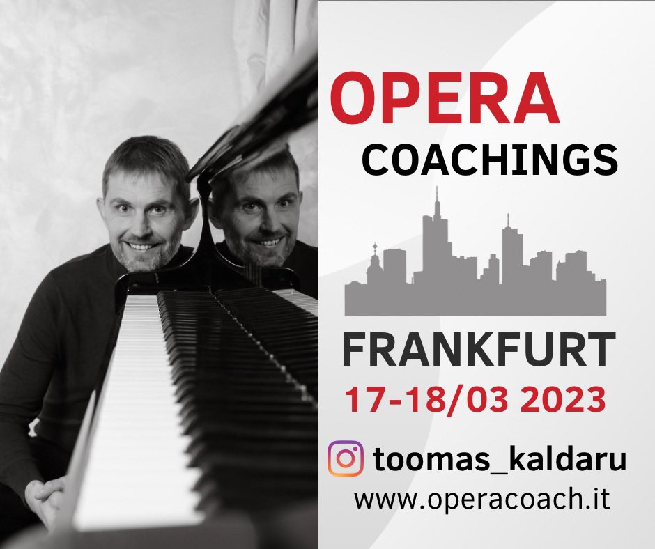 I will be in Frankfurt for some coachings. Come along, if you are around! You will get 3 in 1:
🎹 pianist
🇮🇹 Italian diction coach 
🗣️voice teacher
What a bargain! 🤫

 DM me if curious! 

#opera #classicalsinging #coaching #pianist #voiceteacher #dictioncoach #operacoach #music