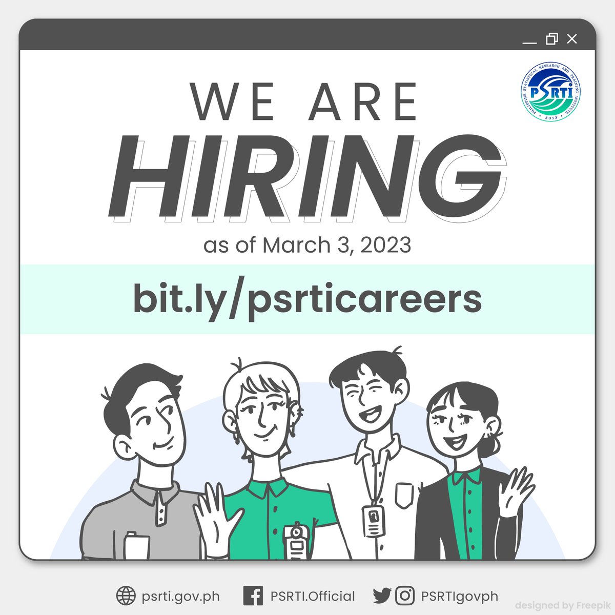 PSRTIgovph's tweet photo. [JOB OPPORTUNITY]

We're HIRING!

Apply now for one of seven (7) vacancies:

• Administrative Aide IV (SG-4)
• Computer Maintenance Technologist I (SG-11)
• Statistical Analyst (SG-11)
• Statistical Specialist I (SG-13)
• Statistical Specialist II (SG-16) https://t.co/rJ6WcDnOPb