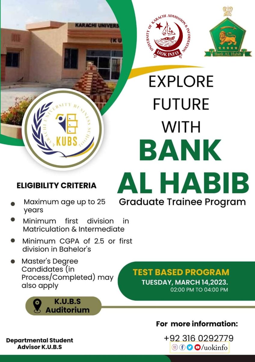 uokinfo's tweet image. Explore future with #bank #Alhabib graduate training program at #KUBS auditorium 
#skills 
#uokinfo #karachiuniversity #universityofKarachi    #professionaldevelopment  #atiuokofficial #careeropportunities #jobseekers #career