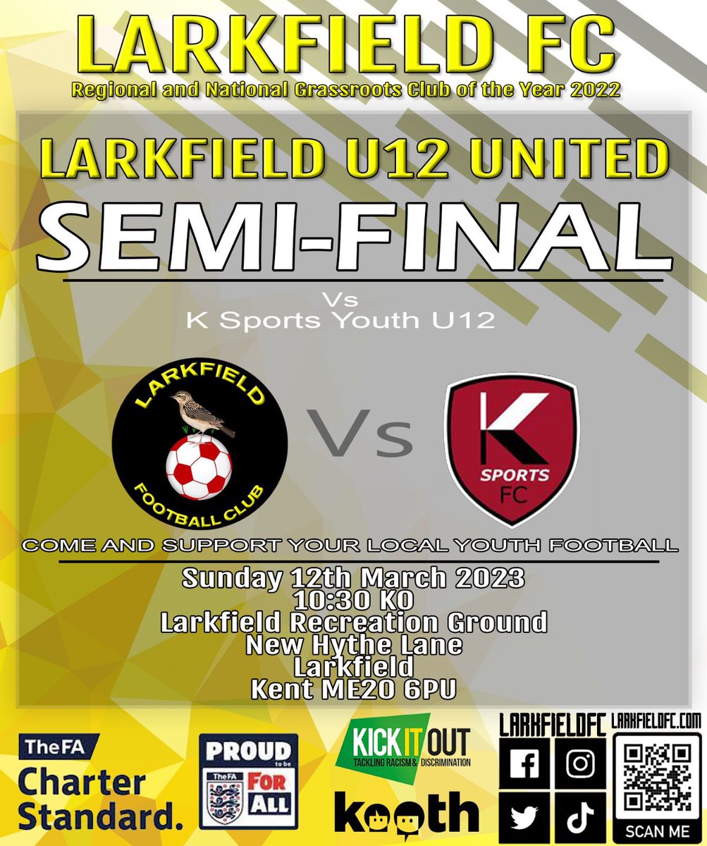 𝑪𝑶𝑴𝑬 &amp; 𝑺𝑼𝑷𝑷𝑶𝑹𝑻 𝑻𝑯𝑬 𝑳𝑨𝑫𝑺!

The U12 Utd team play on Sun in their League Cup SemiFinal.

Kick off is 10.30am at the Recreation Ground.

All support would be welcomed &amp; much appreciated by the team 🟡⚫️

#nationalgrassrootscluboftheyear #kentgrassrootscluboftheyear