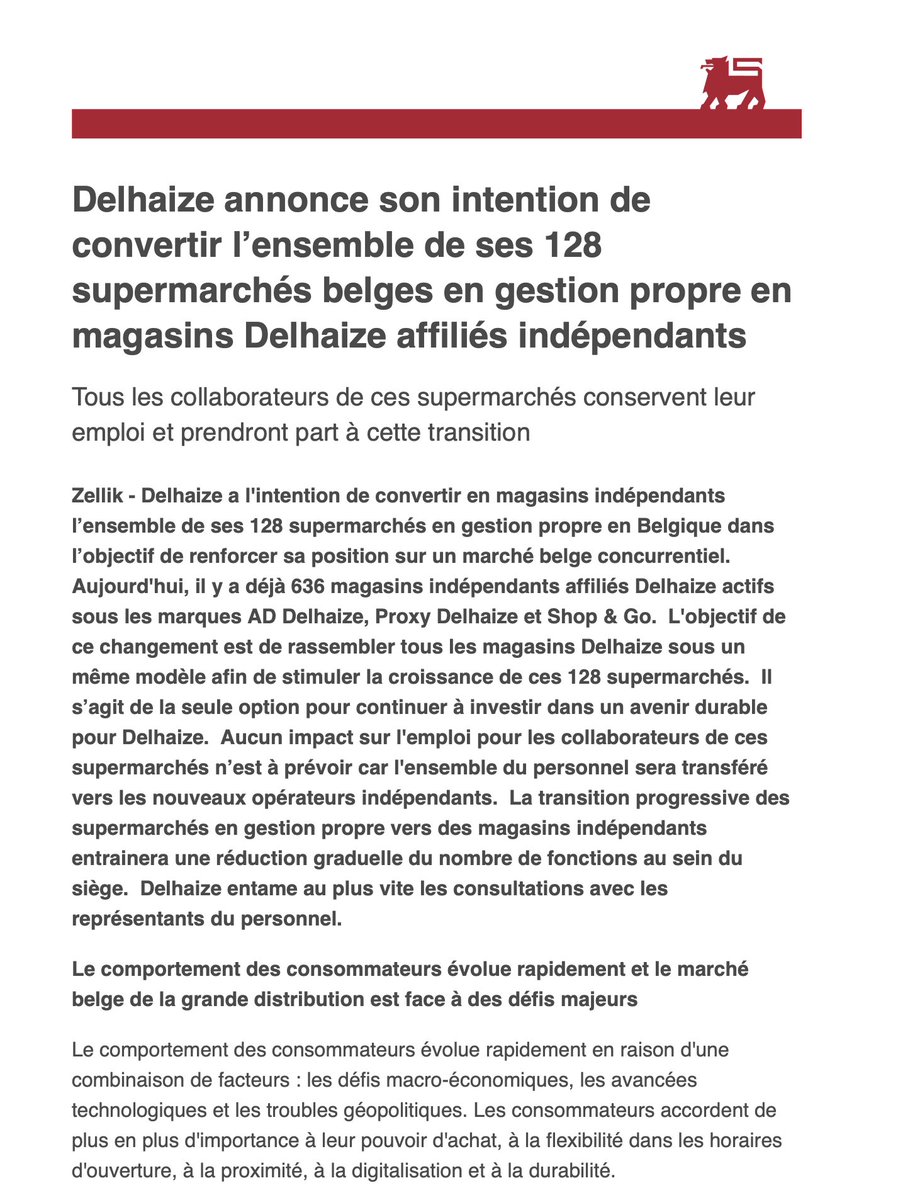 Dauvers70's tweet photo. #LEFILCONSO (à prendre comme ça doit être pris, cad une info MAJEURE) : en Belgique, @DelhaizeFR annonce transférer tous ses supermarchés d'intégrés à indépendants (via contrat d'affiliation). https://t.co/B7up3kiorx