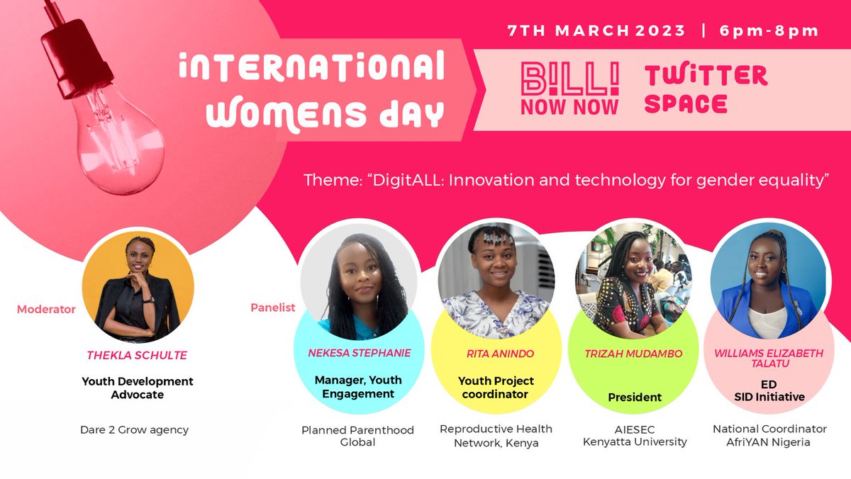 We must harness the power of digital technologies for gender equality!
I am thrilled to be a speakers today sharing experiences and recommendations for innovation and technology to address gender inequalities 
Join this conversation 👇 <a href="/Billi_NowNow/">Billi Now Now!</a>
<a href="/rhnkorg/">Reproductive Health Network Kenya</a>
#IamBRAVE
#IWD2023