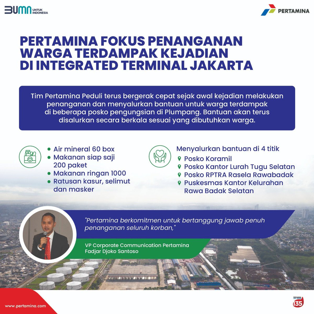 bumntangerang3's tweet photo. Usai pemadaman di Integrated Terminal Jakarta pada Jumat (3/3/2023), @pertamina fokus memberikan penanganan terbaik bagi korban dan warga terdampak. 

#SobatBUMN mari kita doakan semoga keadaan bisa segera pulih.

#PertaminaGerakCepat https://t.co/qsFbnZuVY3