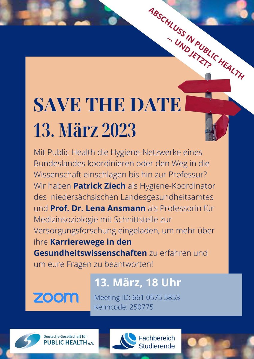 Du hast ein Bachelor oder Master und suchst noch den passsenden Job im Bereich Public Health?
Dann solltest du unserer Veranstaltung "Karrierewege in den Gesundheitswissenschaften" nicht verpassen!