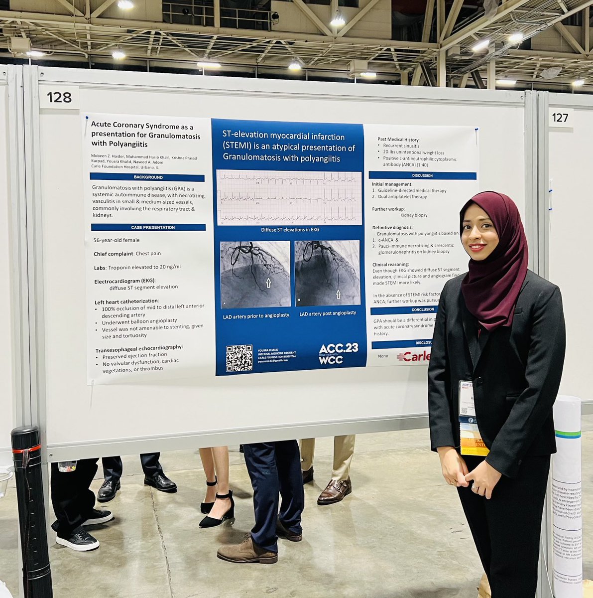 Thrilled to share this interesting presentation of granulomatosis with polyangiitis as ACS 

My first poster presentation! Honored to get insights and feedback! 
  
#March5,2023
⁦@ACCinTouch⁩ #NewOrleans #ACC2023