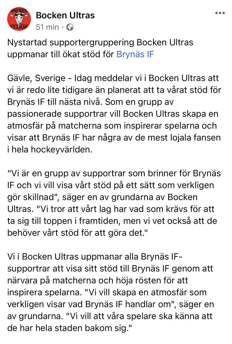 ericssonhenrik's tweet photo. Bocken Ultras - nystartad supportergruppering! 🙌

Det känns riktigt roligt att få berätta om denna nyhet inom Brynäs supporterled! BU23 är en härlig gruppering som med sin passion och kärlek för klubben kommer passa bra in i klacken.

👋 Välkomna till klacksektionen, BU23. (1/5) https://t.co/Gd0tK7oKGq