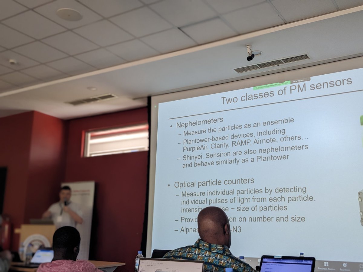 CGHodoli's tweet image. "Your scientific questions will determine the type of air sensor to use for air quality campaigns/ study; e.g., for particulate matter: OPC-type for coarse PM / nephelometer-type for fine particles." @d_westy #CAMS-Net #AfriqAir General Meeting - @cmu_africa