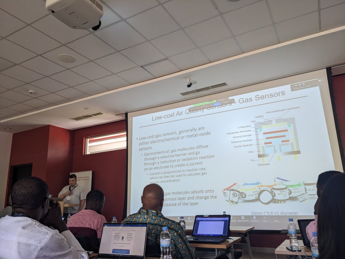 CGHodoli's tweet image. "Your scientific questions will determine the type of air sensor to use for air quality campaigns/ study; e.g., for particulate matter: OPC-type for coarse PM / nephelometer-type for fine particles." @d_westy #CAMS-Net #AfriqAir General Meeting - @cmu_africa