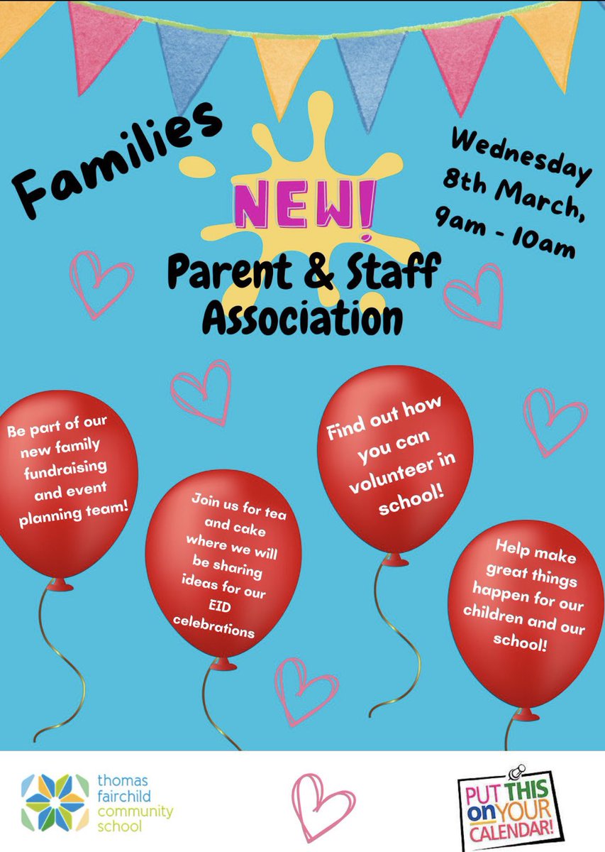 👀 Looking forward to seeing families for tea and cake on Wednesday 8th March, 9am! A packed hour looking at: 🎉Volunteering in school; 🎉EID Celebrations; and 🎉Event planning and fundraising! See you there! @NewWaveFed ❤️