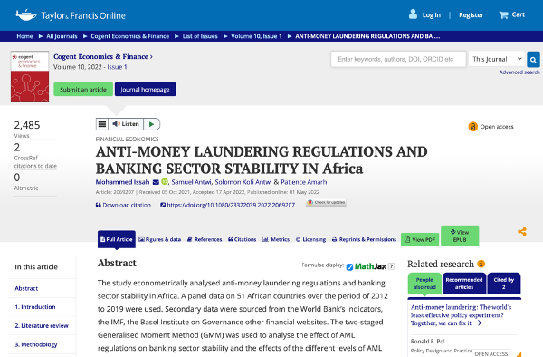 TRACEH2020's tweet photo. Research from Issah and colleagues drills into anti-money laundering efforts across Africa, indicating their positive impacts for banking sector stability irrespective of effectiveness: https://t.co/1bMqD5VeIG https://t.co/cNUM7Ehd17