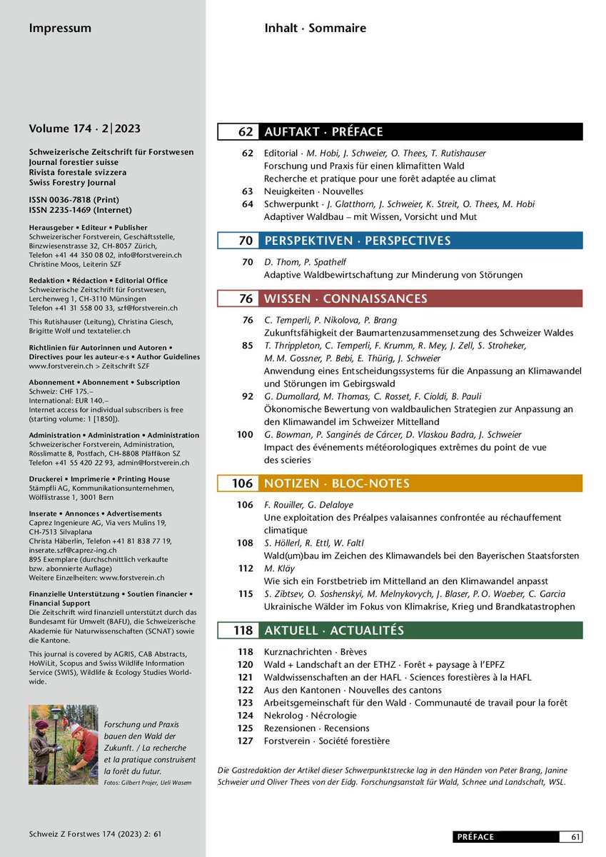 Adaptiver Waldbau für eine klimafitte Zukunft. Die neue SZF zum Thema ist online und in den Briefkasten.
meridian.allenpress.com/szf/issue/174/2
#SZF #waldbau #klima #vorbeugen #anpassen #SchweizerForstverein #forstverein #wald <a href="/ThisRutishauser/">This Rutishauser</a> <a href="/SZFJFS/">Schweizerische Zeitschrift für Forstwesen</a>
