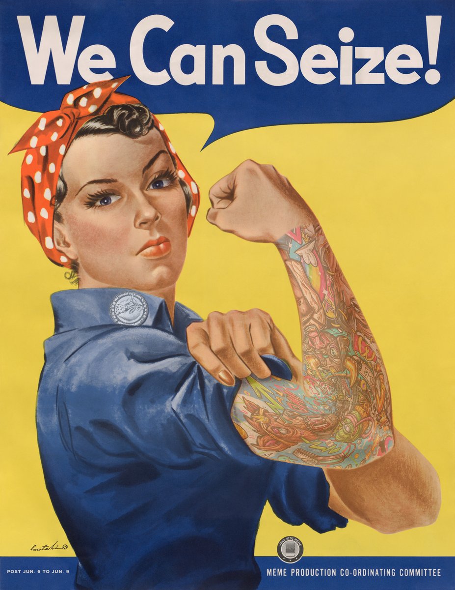 lawtoshi's tweet photo. 1/ ROSIE THE REMEMER

Excited to share something new!! Presenting a new ReMeme in the spirit of @punk6529 to celebrate all the women in crypto and how important they are to seize the memes of production, with art originally from @Ars0nic, @ArturFalco3, and @6529er.

Details 👇 https://t.co/r7ajF0UexD
