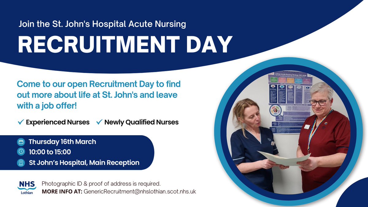 We are inviting experienced Registered Nurses and those about to qualify to come along to St John’s Hospital recruitment day 📅 ✅Applications can be completed prior to arrival Newly Qualified Nurses: ow.ly/b9Fo50N9PaY Registered Nurses: ow.ly/NcwW50N9PaZ