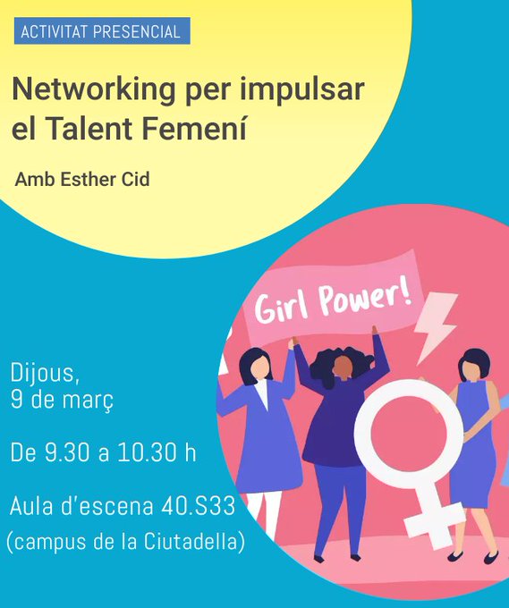 UPFBarcelona's tweet photo. #8MUPF | @carreresUPF organitza el taller "Networking per impulsar el Talent Femení", a càrrec d'@e_Cid, on descobrirem com podem enfortir les iniciatives promogudes per #dones i fomentar l'autolideratge femení.
Inscripcions obertes https://t.co/Aqu2axgltj
@UPFigualtat https://t.co/1LSIPmI5R5