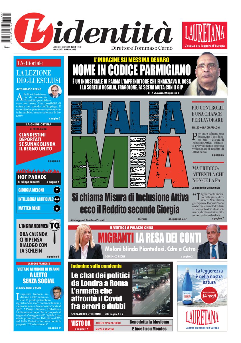 Tommasocerno's tweet photo. 🔴#ITALIA MIA🔴 Il nuovo reddito di cittadinanza modello Meloni
La lezione degli #esclusi ...
Nome in codice #Parmigiano... 
#Migranti la resa dei conti...
Su L'identità in edicola martedì #7Marzo https://t.co/qddCw1PQGg