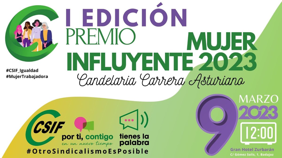 🟢En la semana en la que se conmemora el Día Internacional de la Mujer, CSIF Extremadura inaugura un nuevo galardón con carácter anual: el Premio Mujer Influyente

✅Y quién mejor que Candelaria Carrera, presidenta de #ATAExtremadura, para recibir nuestra primera distinción 
👇