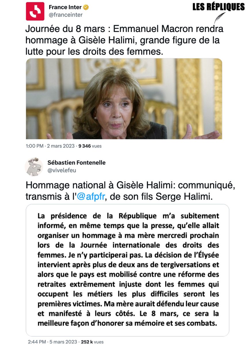 Les_Repliques's tweet photo. Mercredi 8 mars au palais de justice de Paris, @EmmanuelMacron présidera un hommage national à la célèbre avocate figure de la lutte pour le droit des femmes, Gisèle Halimi, décédée il y a plus de deux ans

@vivelefeu https://t.co/R2RR5xHlLP