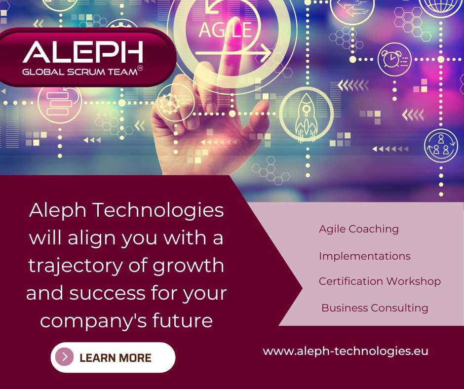 AlephScrumUK's tweet photo. Aleph Technologies will align you with a trajectory of growth and success for your company's future! We offer Agile coaching, Implementations, Certification workshops and Business Consulting. 

#agilecoaching #Agilemethodology #Businessconsulting https://t.co/1PXe4ICK1R