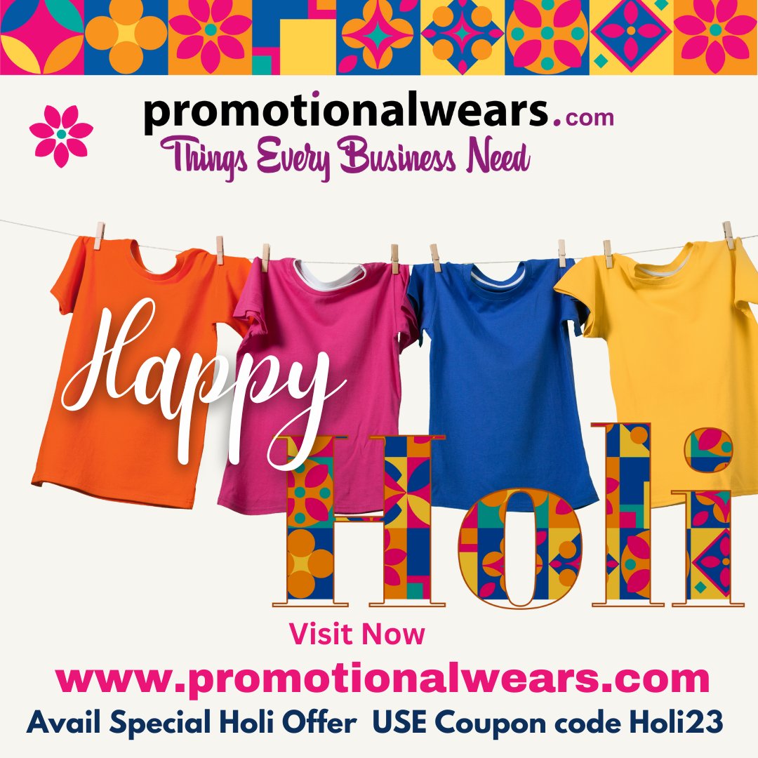 Promotionalwears wishes you a very Happy Holi!
Get special discounts
Use code Holi23 
Don't miss out, visit us now at promotionalwears.com
#holihai #holispecial #festivalsale #promotionalwears #giftingmadeeasy #Logogift #corporategifts #promotionalgifts #customizedgift #Promo