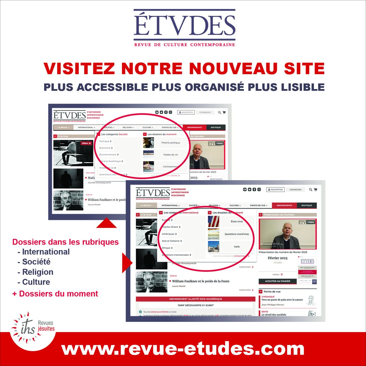 👏Le site internet de votre revue fait peau neuve !  
🧐Découvrez son nouveau design, plus simple et plus épuré pour faciliter la navigation sur le site et accéder à tous les articles réorganisés par 📂dossiers thématiques👉revue-etudes.com/international