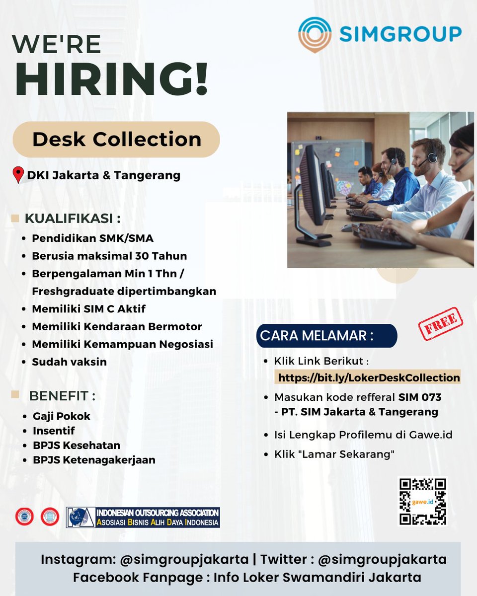 simgroupjakarta's tweet photo. INFO LOWONGAN KERJA TERBARU MARET 2023

Silahkan melamar melalui link yang tercantum https://t.co/Letu7b1ONa
Hanya pelamar yang sesuai dengan kualifikasi yang akan diproses lebih lanjut

#lokersimgroup #lokersimgroupjakarta #lokerdeskcoll #lokertangerang #lokerjabotabek #hrdbacot https://t.co/yW410Ru2RY