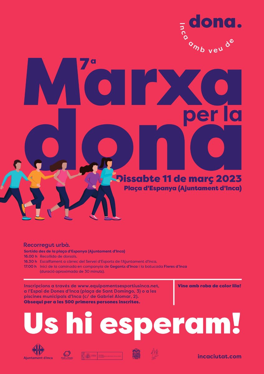 incaciutat's tweet photo. 🦶🏼 Arriba la 7ª marxa per la dona! #8M
🗓️ Dissabte 11 de març. 📍Sortida des de la plaça d'Espanya.
📝🚺 Inscriu-te i vine amb roba de color lila!
ℹ️ Tota la informació al cartell!👇🏼
🔗 https://t.co/XHrhZalClw https://t.co/Jy8dnErwfq