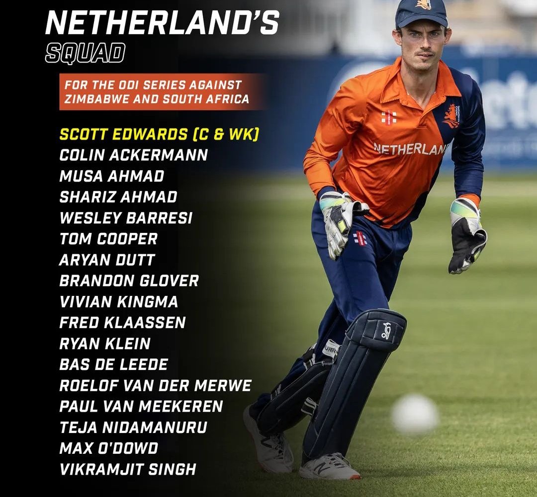 Netherlands announced a 17-member squad for the upcoming ODI series against Zimbabwe & South Africa.

Netherlands will first visit Zimbabwe to play three ODIs between 21 & 25 March in Harare and then they will fly to South Africa for the two-match ODI series. #cricket #NEDvsZIM