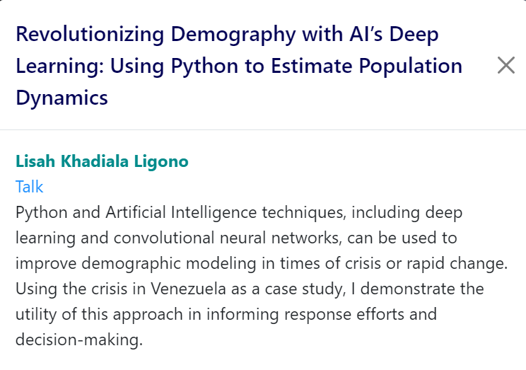 MSc_CDE's tweet image. Proud to see our #student Lisah presenting #research at #GeoPython 2023. Revolutionizing Demography with AI’s Deep Learning: Using Python to Estimate Population Dynamics #artificialintelligence #Copernicus #DigitalEarth #GeoDataScience #MSc #PLUS #UBS #WomeninCopernicus