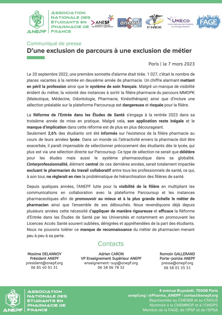 #CDP⎜De l'exclusion des études pharmaceutiques à l'exclusion du métier ❓

À l’heure où le manque d’attractivité est conséquent envers la filière pharmacie🐍, quelles conséquences aurait l’instauration d’une voie spécifique à pharmacie avec admission directe sur #parcoursup ?