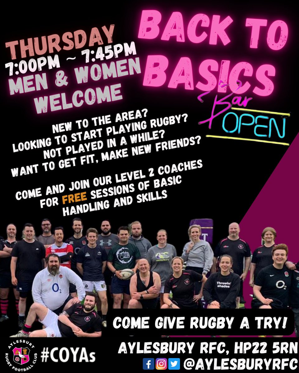 Men's &amp; Women's Back to Basics Rugby

New to the Area?
Looking to start playing rugby? 
Has it been a while since you played?
Want to get fit, and make new friends?

#COYAs #grassrootsrugby #Aylesbury #Rugby #communityrugby #mensrugby #womensrugby #playtogetherstaytogether
