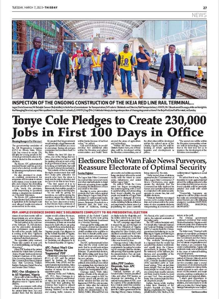 10,000 jobs across the 23 LGAs in 100 Days. 

 #WeGoDoAm 
#TonyeColeisForUs 
#HoldYourPVC