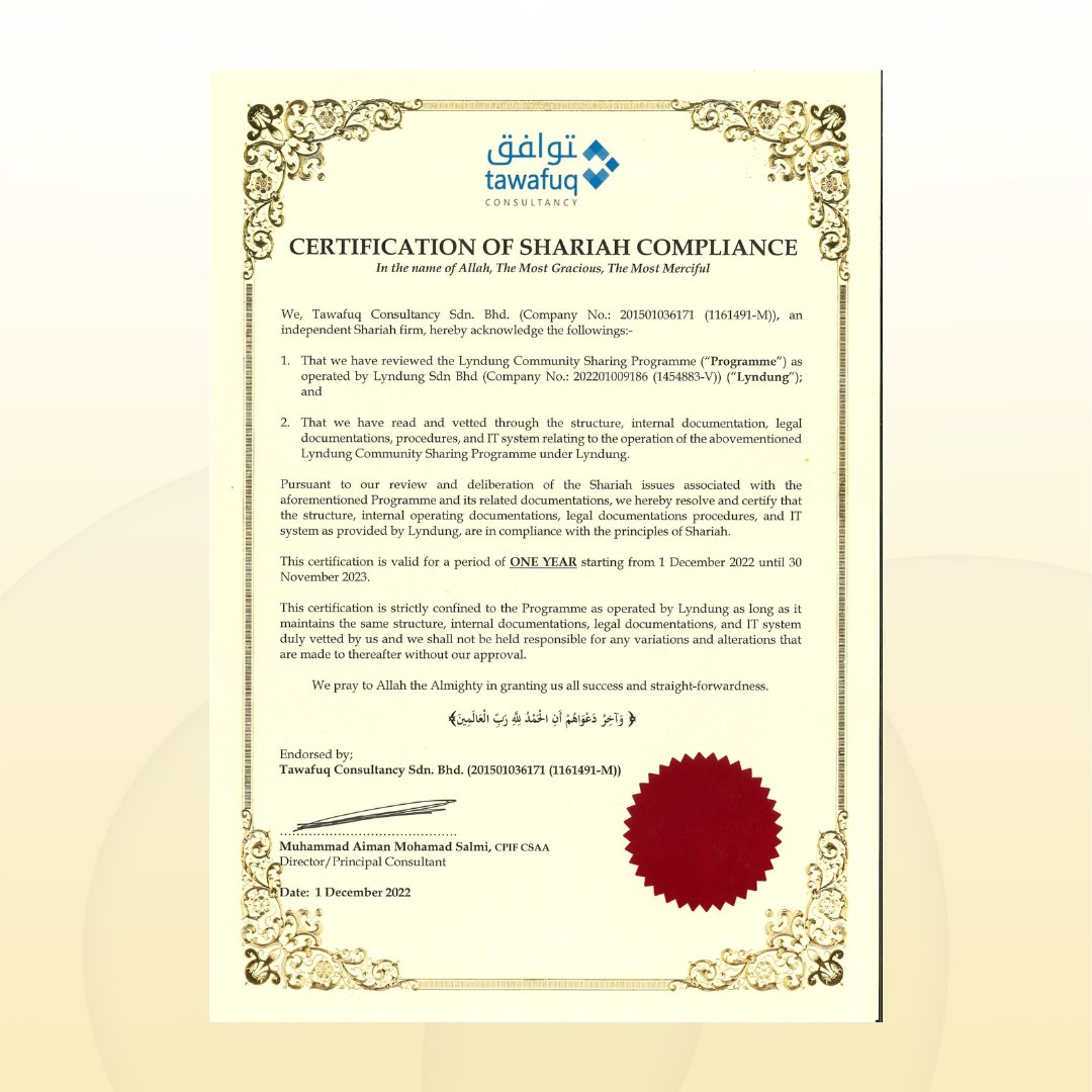 Alhamdulillah.

Lyndung is delighted to announce that our community sharing programme has received a Shariah Compliance Certificate from Tawafuq Consultancy.

lyndung.my 

#lyndung #KomunitiKongsiBilPerubatan #Community #KKBP #Startup #Fintech #IslamicFinTech