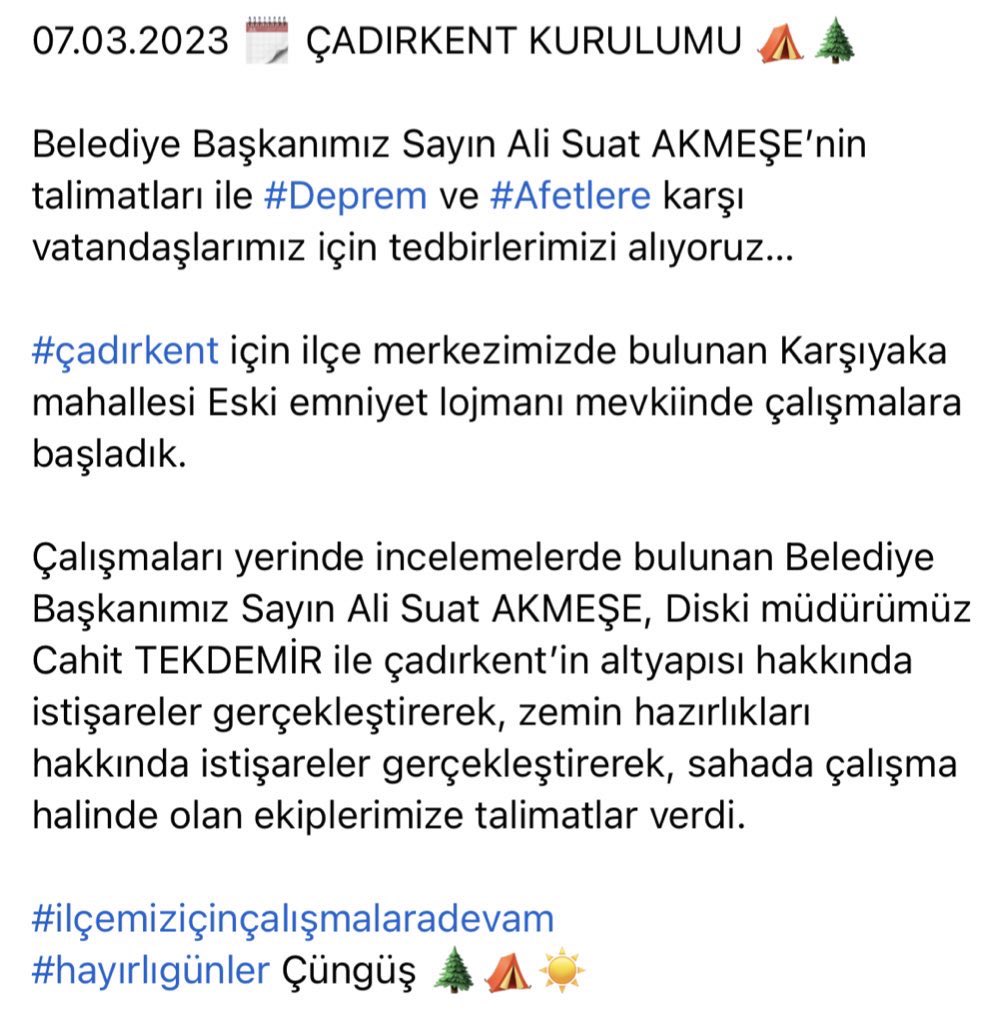 cungusbelediye's tweet photo. 07.03.2023 🗓️ ÇADIRKENT KURULUMU ⛺️
Belediye Başkanımız Sayın Ali Suat AKMEŞE’nin talimatları ile #Deprem ve #Afetlere karşı vatandaşlarımız için tedbirlerimizi alıyoruz…
#çalışmalaradevam
#hayırlıgünler Çüngüş 🌲⛺️
@RTErdogan @suleymansoylu @aliihsansu_ @DrMehdiEker https://t.co/uUyCYCB15j