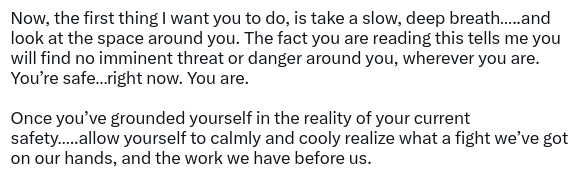 riverxena's tweet image. 1. This former therapist thanks you!
First, do no harm.
#DutyToWarn #CPTSD 
Excellent mindfulness, grounding &amp;amp; reminder re: safety. Well done.
Now, I'm ready to continue.
