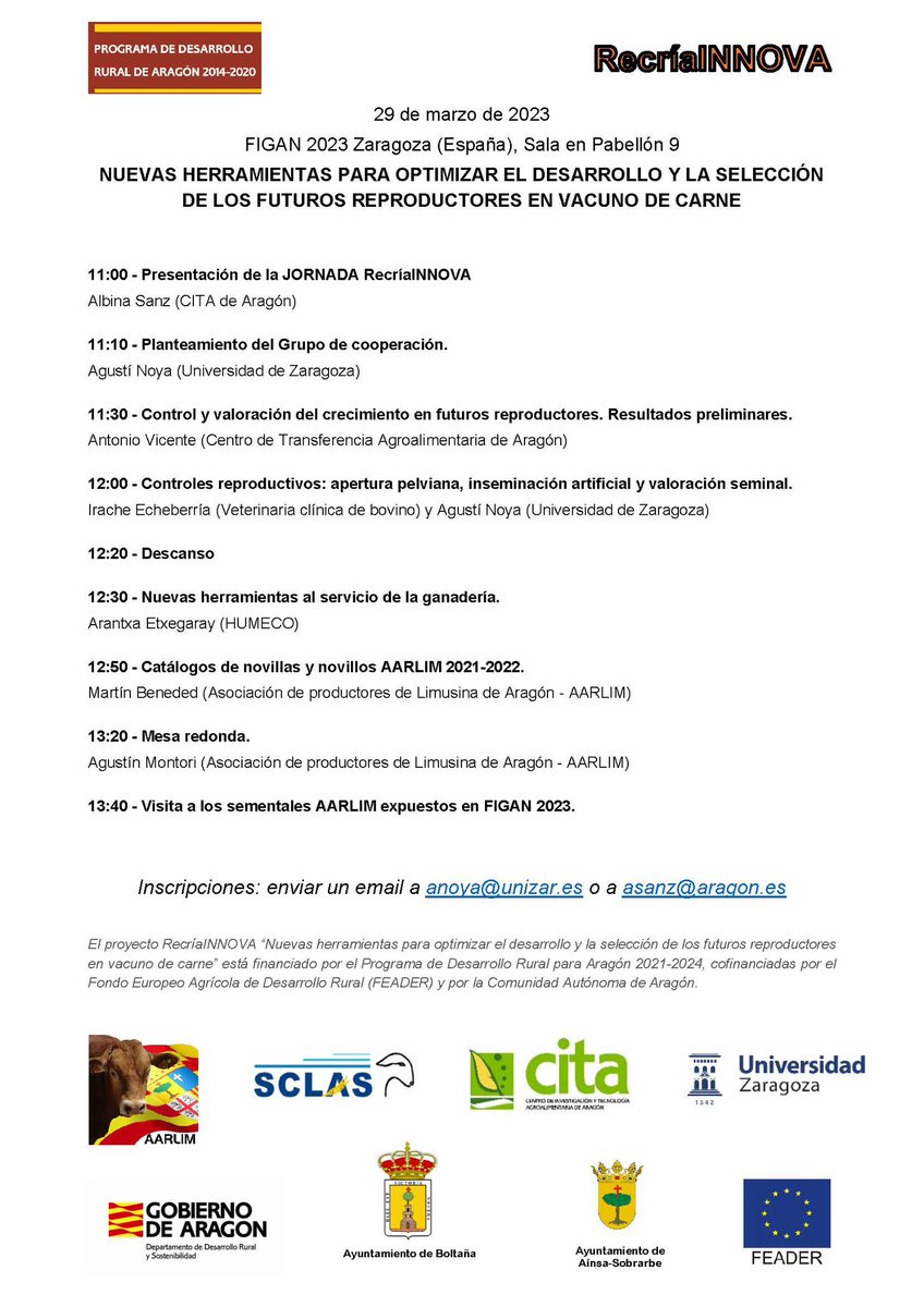 SanzAlbina's tweet photo. 📆 29 marzo 2023
📢 #JornadaTécnica #RecríaINNOVA
📌FIGAN 2023 #Zaragoza
👉 Organiza #AARLIM @CITAAragon @unizar en colaboración con #SCLAS #CTAAragon @HumecoHuesca y ayuntamientos de #Ainsa y #Boltaña
👇 https://t.co/X54C3OoOKB