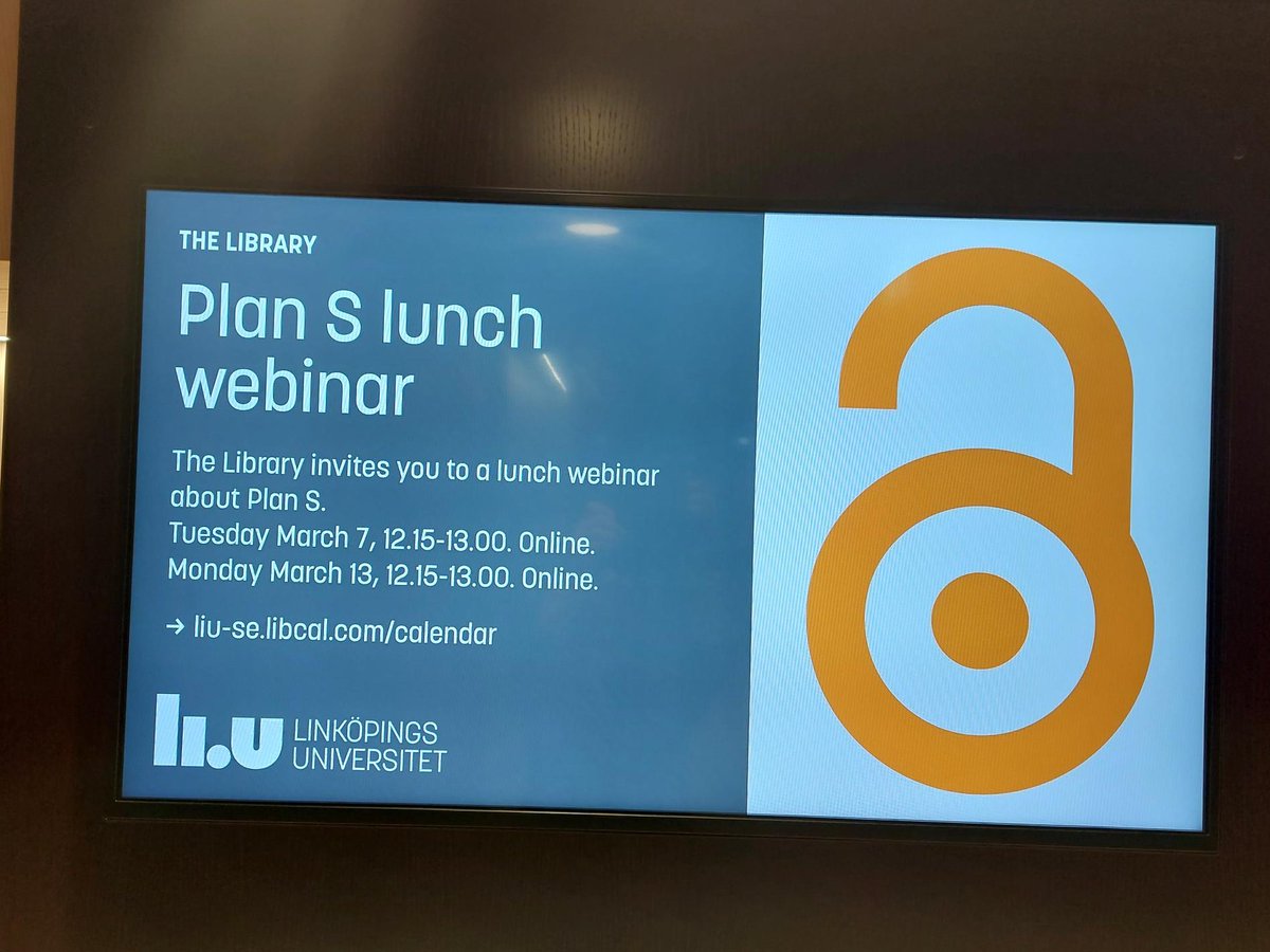 Linköpings universitetsbibliotek - LiUB (@liu_bibliotek) on Twitter photo Sign up for a lunch seminar about plan S! March 7. Online and in English: liu-se.libcal.com/event/4008618 #LiUBibliotek #viärliu #forskarstöd <a href="/JuniorLinkoping/">Junior Faculty Linköping University</a> <a href="/forskningsstod/">Forskningsstod LiUB</a> Sign up for a lunch seminar about plan S! March 7. Online and in English: liu-se.libcal.com/event/4008618 #LiUBibliotek #viärliu #forskarstöd <a href="/JuniorLinkoping/">Junior Faculty Linköping University</a> <a href="/forskningsstod/">Forskningsstod LiUB</a>