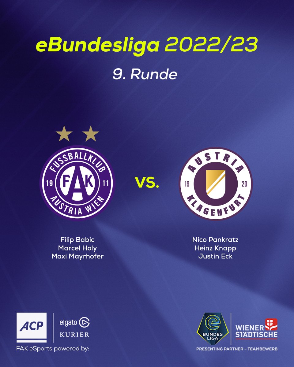 🎮 Violettes Duell in der <a href="/eBundesliga_at/">eBundesliga</a> 😎

<a href="/Juno16x/">Marcel</a>, <a href="/FAK_Maxi/">Maxi</a> und <a href="/FIFAFICO/">FIFAFico</a> wollen heute einen weiteren großen Schritt in Richtung Meistergruppe machen. 👊 

💻 <a href="/LAOLA1_at/">LAOLA1</a> zeigt ab 18:30 die Highlights aller Spiele.

Gemma, <a href="/FAK_eSports/">Austria Wien eSports</a> 🙌💜

#faklive #FAK #eBundesliga