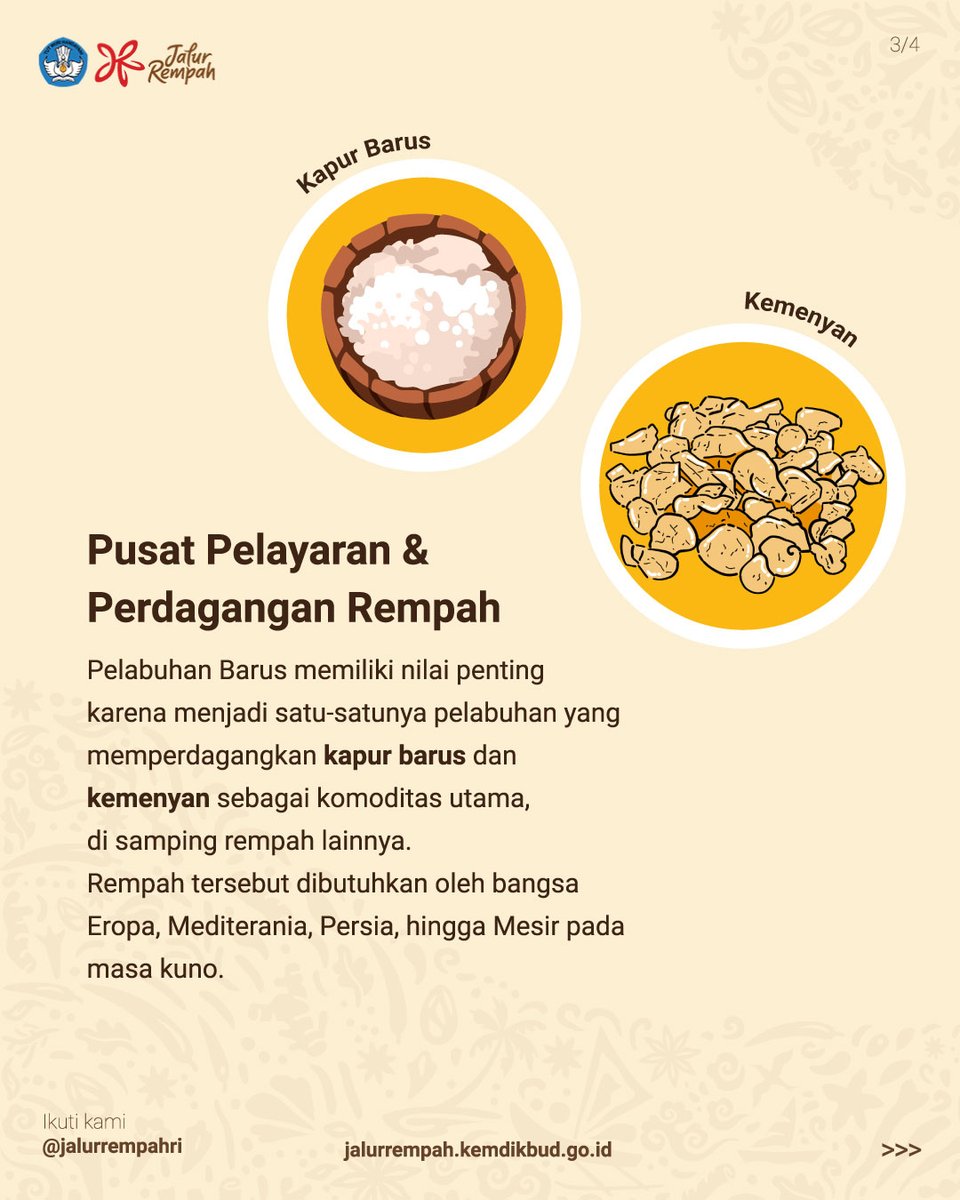 JalurrempahRI's tweet photo. Hingga saat ini, jejak sejarah dan kekayaan budaya yang terkait dengan Barus masih tetap ada dan menjadi saksi kejayaan masa lalu wilayah ini.
Simak & jangan lupa follow biar Nusa bahas sejarah lainnya, ya!
#Barus #SumatraUtara #jalurrempah #spiceroute #kemdikbudristek https://t.co/PFdQ0fDQyJ