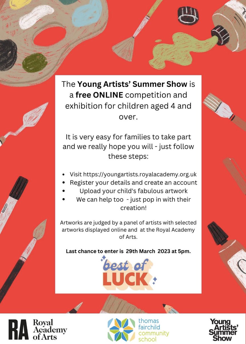 Calling all <a href="/TFPrimaryN1/">Thomas Fairchild Community School</a> aspiring artists 🎨- check out this fantastic online competition brought to us by the <a href="/royalacademy/">Royal Academy</a> 

Deadline to enter is 29th March! We are happy to help upload entries, just pop into our school office! Best of luck! 

<a href="/NewWaveFed/">New Wave Federation</a> ❤️