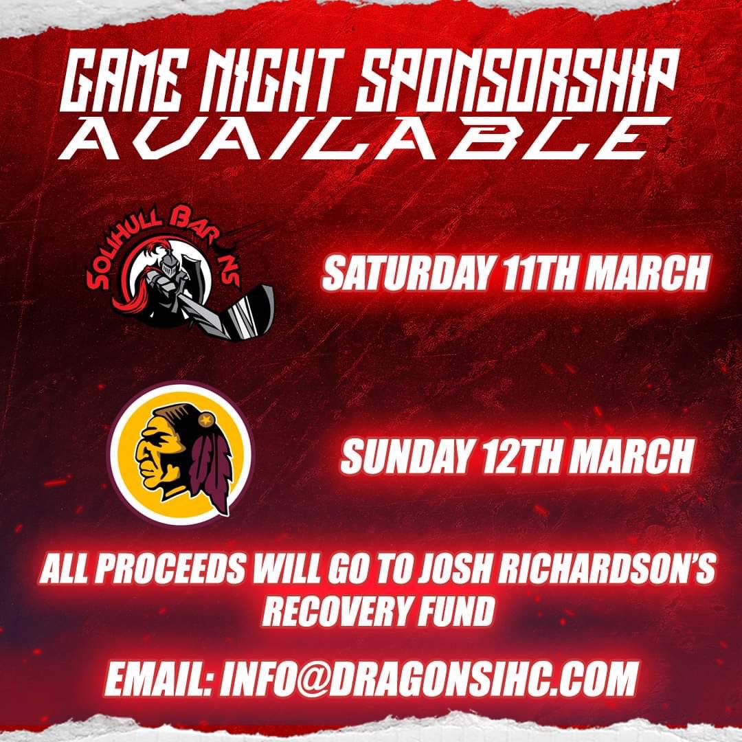 dragonsihc's tweet photo. Your Aspray Chester Deeside Dragons are looking for game night sponsors for both games this weekend. All proceeds will go towards #19 Josh Richardson medical expenses. ❤️🩹
If you are interested in supporting please get in touch. Suggested donation £100.
#BeMoreDragon #forjosh # https://t.co/TMOVQSL4CB
