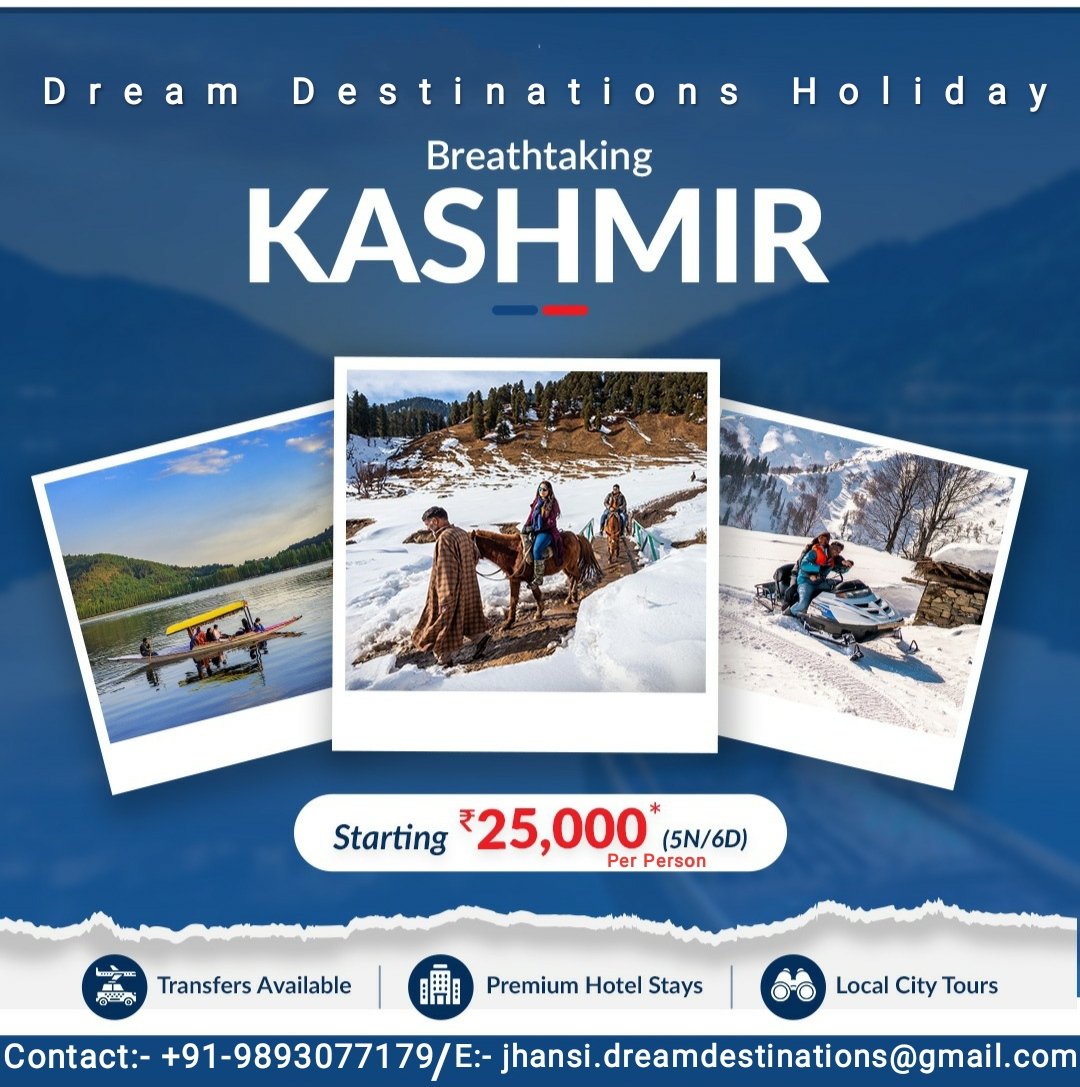 Kashmir 5N 6D ✈️

Book your package Call @9893077179

#dreamdestinationsholiday #dreamdestinationsholidayjhansi #jhansitravelagency #jhansitravelagent #Kashmir #kashmirtour #kashmirtourpackages #kashmirpackages #gulmargkashmir #sonmargkashmir #pahalgamkashmir