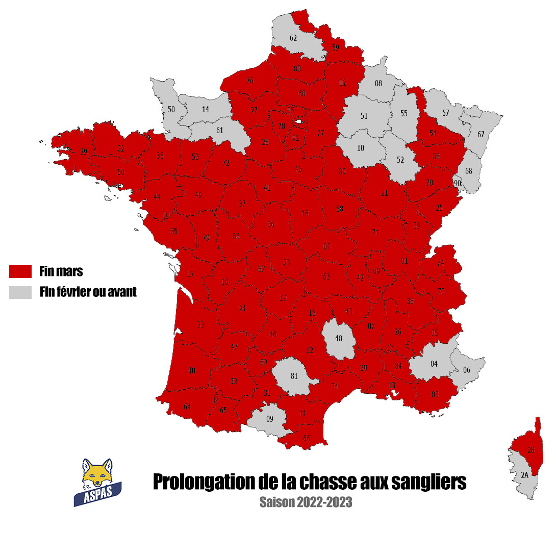 En rouge : les 77 départements de France qui autorisent une prolongation de la #chasse aux #sangliers jusqu'à fin mars, en pleine saison de reproduction pour la faune... Et si on essayait autre chose que les pompiers-pyromanes, <a href="/BCouillard33/">Bérangère Couillard</a> <a href="/MFesneau/">Marc Fesneau</a> ?  aspas-nature.org/pas-de-repit-p…