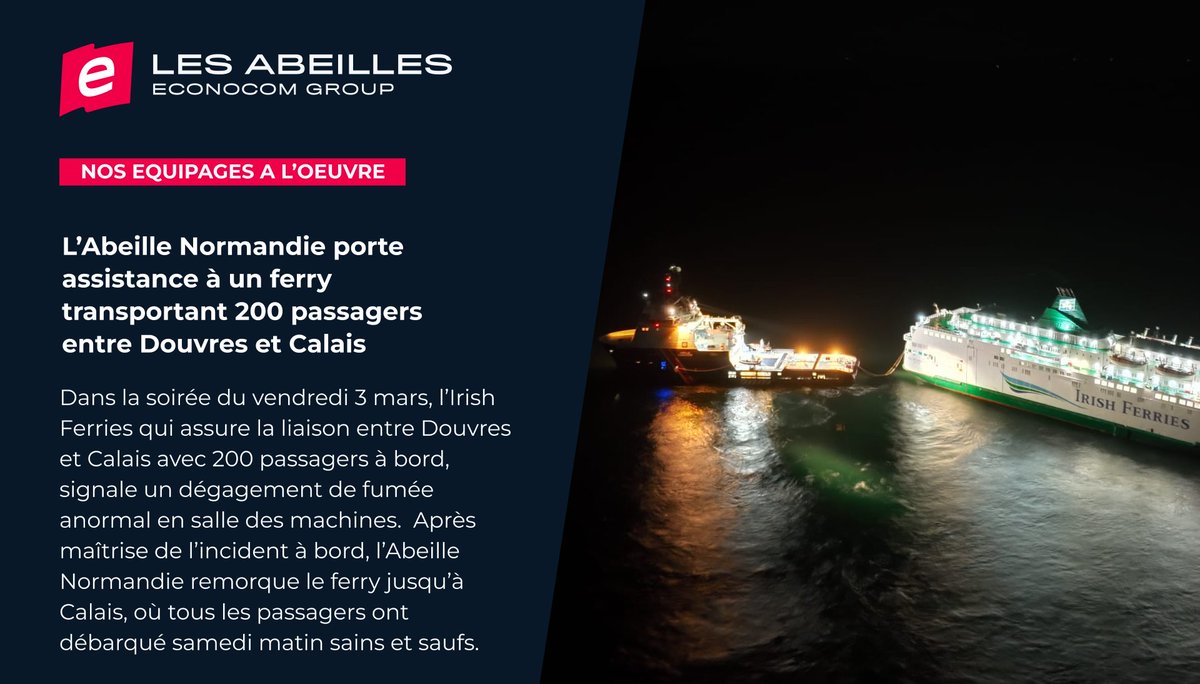 L'#AbeilleNormandie porte assistance à un ferry transportant 200 passagers entre Douvres et Calais
@premarmanche #towage #LAI #LesAbeilles #CROSSGrisnez