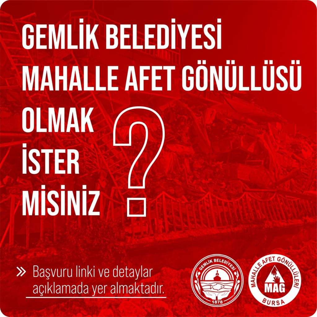 Gemlik Belediyesi Mahalle Afet Gönüllüsü Olmak İster misiniz?

Yaşadığımız büyük depremler, doğal afetlere karşı hazır olmanın ve tedbirleri almanın ne kadar gerekli olduğunu bir kez daha gösterdi.