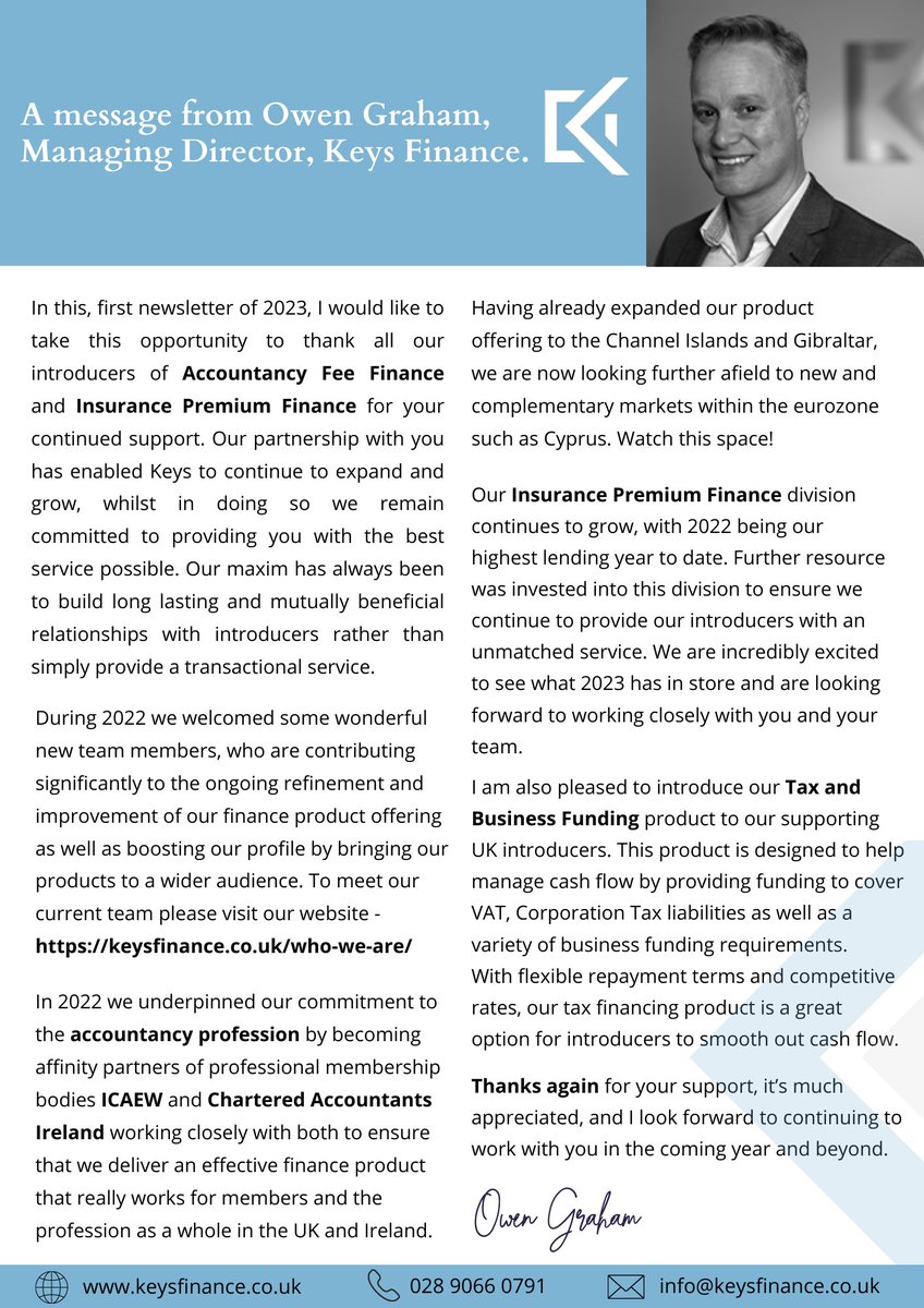Don't miss out on the latest update from our Managing Director, Owen Graham, as he reflects on the past year and shares exciting developments for 2023!

#feefinance #premiumfinance #premiumservice #leadership