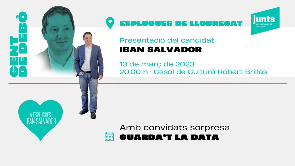 ibansalvador's tweet photo. Em fa molta il•lusió convidar-vos a la Presentació de Candidat que Junts farem aquest dilluns 13 de març, al Robert Brillases, a les 20.00h. ¡Us vull explicar moltes coses! 

#esplugues #eleccions2023 #eleccionsmunicipals #junts #juntsxesplugues #juntsxcat #juntspecatalunya https://t.co/uFCNQLFhDt