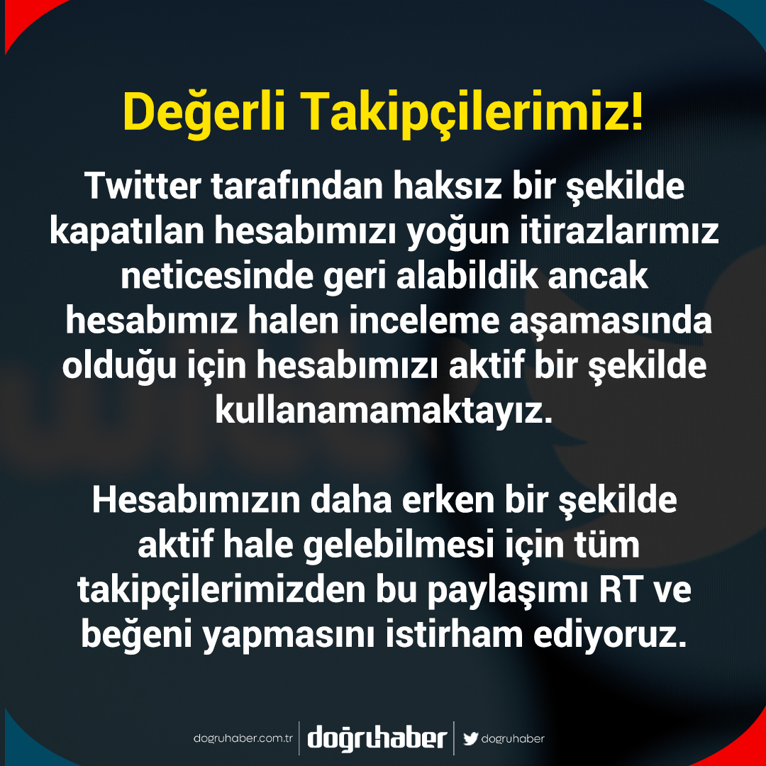 Değerli Takipçilerimiz!

Hesabımızın daha erken aktif hale gelebilmesi için bu gönderiyi RT ve Beğeni yapmanızı istirham ediyoruz.
#Twitter #TwitterBlue 
@TwitterBlue @TwitterTurkiye <a href="/elonmusk/">Elon Musk</a>
